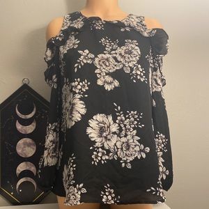 Black floral over the shoulder long sleeve blouse. Brands: Maurices